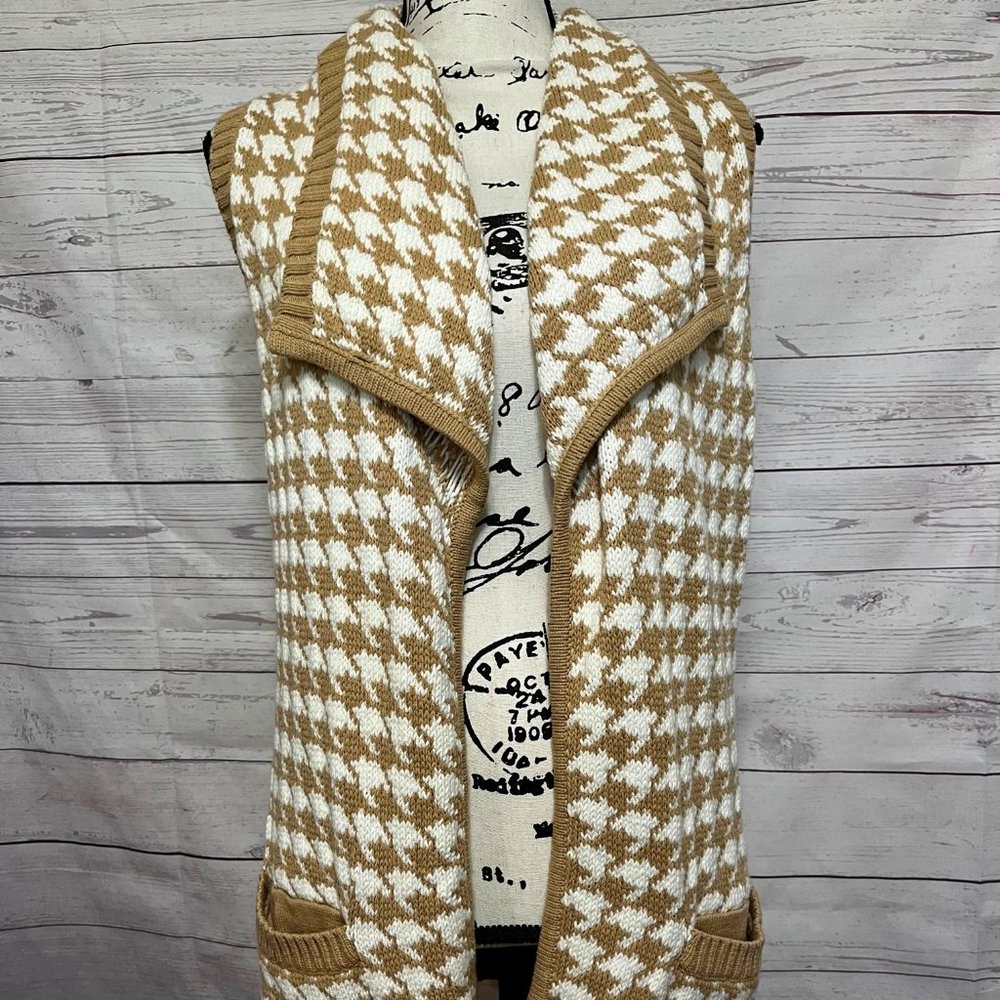 Chico's Sleeveless Sweater Duster Size 1 Med Tan Ivory Open Front Houndstooth